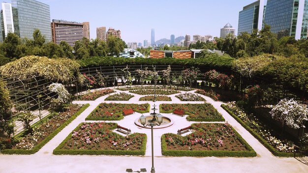 Foto sinal de informação no parque por paisagem urbana contra o céu