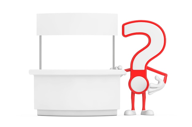 Sinal de interrogação mascote de personagem de desenho animado perto de estande de promoção em branco com espaço livre para seu design renderização em 3d