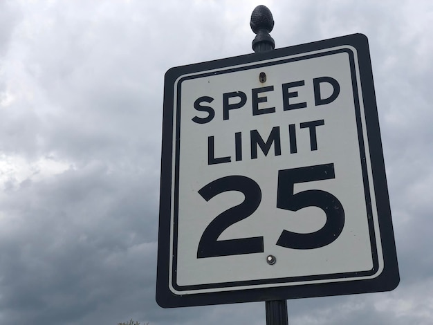 Foto sinal de limite de velocidade de 25 mph em poste preto com céu nublado