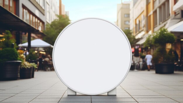 Foto sinal de loja circular mínima branca com frente em branco em um modelo de maquete em uma rua em uma cidade de verão