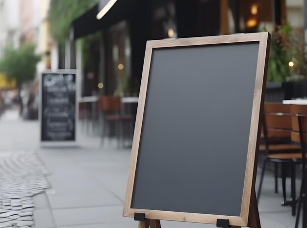 Sinal de loja de restaurante preto em branco ou placa de menu perto da entrada do café de rua na imagem gerada pela rede neural diurna