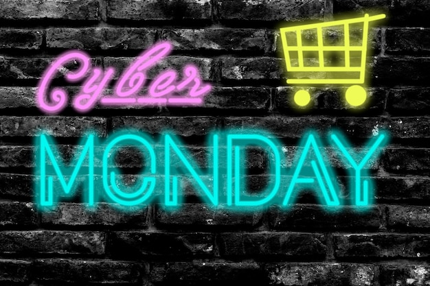 Sinal de luz neon com o texto Cyber Monday em uma parede de tijolos escuros