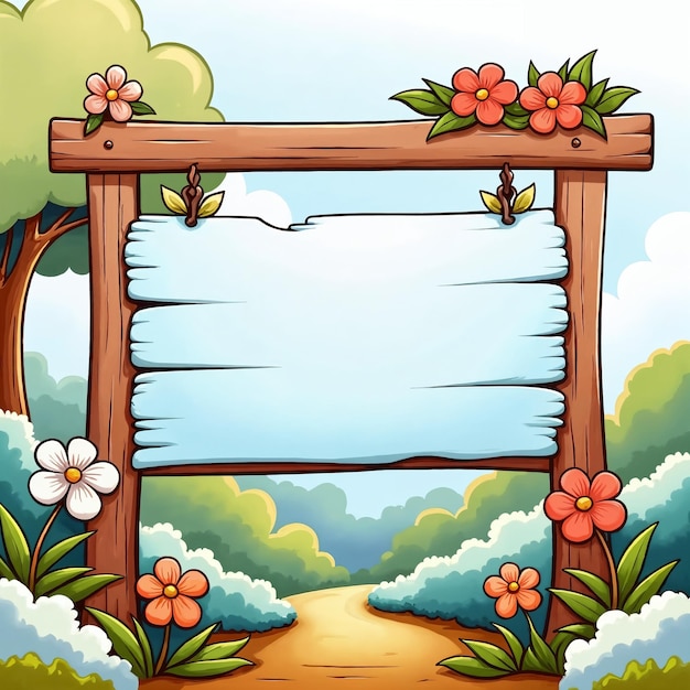 Sinal de madeira de desenho animado com flores e um caminho