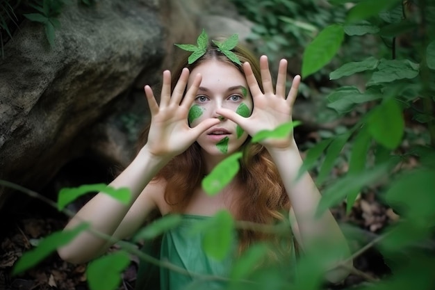 Sinal de mãos verdes e natureza com uma senhora para conscientização ambiental criada com IA generativa