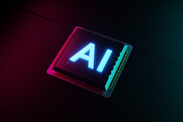 Sinal de néon azul na imagem de renderização 3d do chip moderno do computador