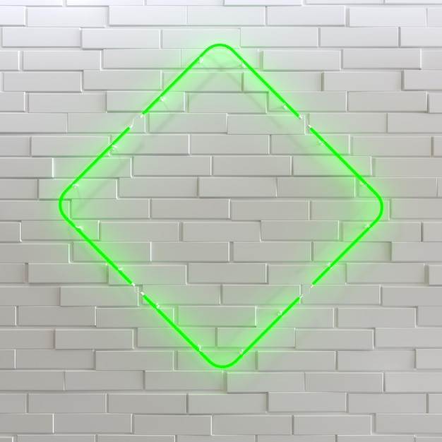Foto sinal de néon verde quadrado retângulo de néon realista em parede de tijolos brancos renderização 3d