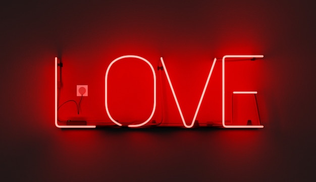 Sinal de néon vermelho com a palavra AMOR na parede e cabo conectado. Ilustração 3D