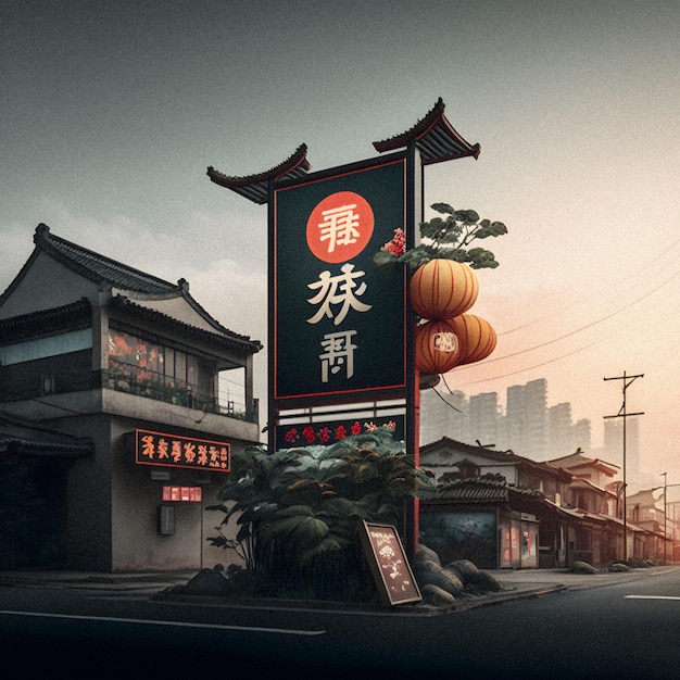 Sinal de nome de rua ao ar livre em textura granular de ilustração de cidades chinesas