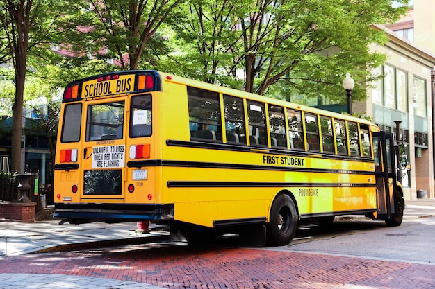 sinal de ônibus escolar em uma manhã ensolarada, simbolizando a educação de segurança e a infância contra um céu azul