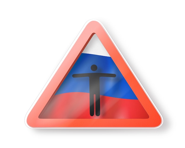 Sinal de proibição com a figura do homem negro na bandeira russa em um branco. restrição de entrada na rússia. conceito de quarentena. ilustração 3d