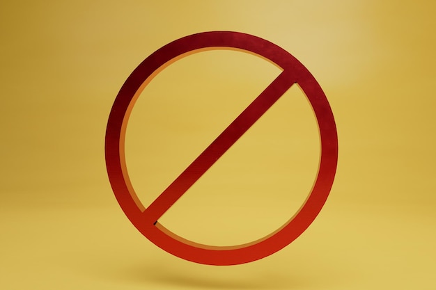 Sinal de proibição redondo sinal vermelho com uma linha diagonal em um fundo amarelo renderização 3d