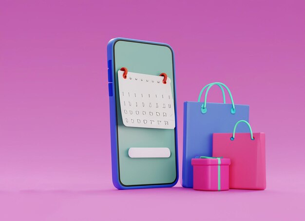 Foto sinal de smartphone com caixa de presentes bolsa de compras calendário com fundo pastel