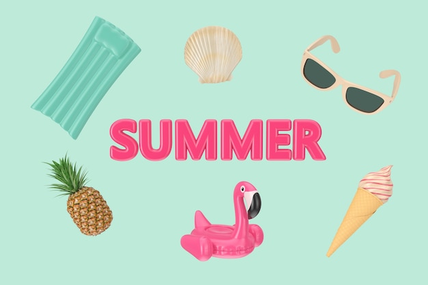 Sinal de verão rosa com objeto de praia de verão sobre um fundo verde. Renderização 3D