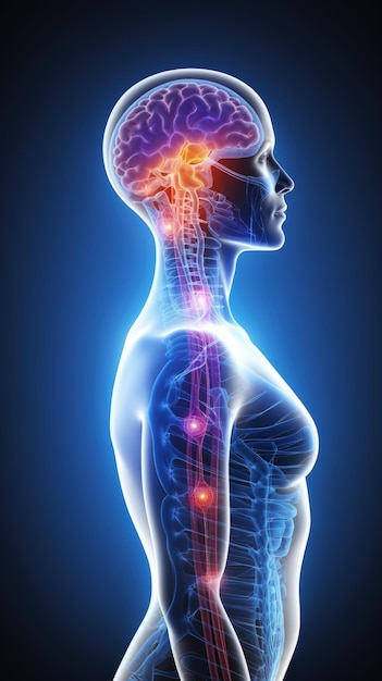 Sinal do cérebro humano Conceito de aprendizagem profunda Cabeça humana e cérebro Diferentes tipos de formas de onda produzidas por células de neurônios cerebrais com nós de ligação brilhantes