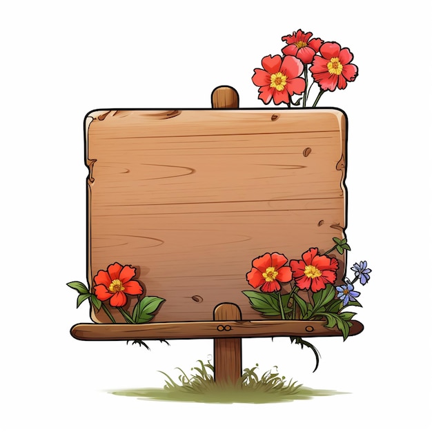 sinal fino base de madeira única com flores sem mensagem estilo de desenho animado fundo branco