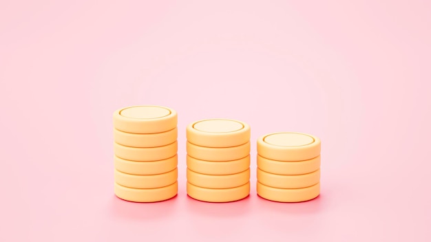 Sinal ou símbolo do ícone do dinheiro da pilha de moedas Conceito de juros de poupança na renderização 3d de fundo rosa