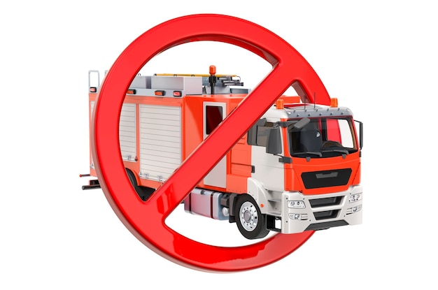 Sinal proibido com renderização 3D de caminhão de bombeiros