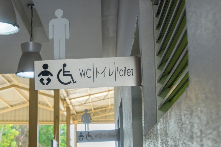 Foto sinal próximo de banheiros acessíveis para pessoas com deficiência em cadeiras de rodas em uma área pública