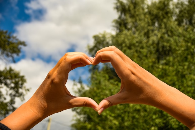 Sinal universal de forma de coração para amor e romance. Mãos femininas em forma de coração