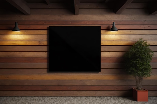 Sinal vazio preto em uma maquete de parede de madeira Generative AI