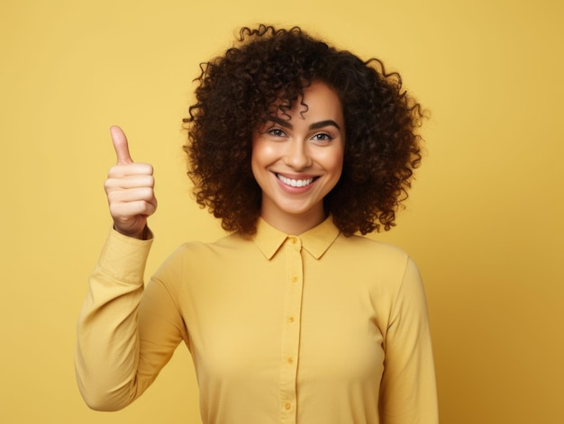 sinalização feminina de cabelo encaracolado feliz com polegares para cima isolado em fundo amarelo claro sólido