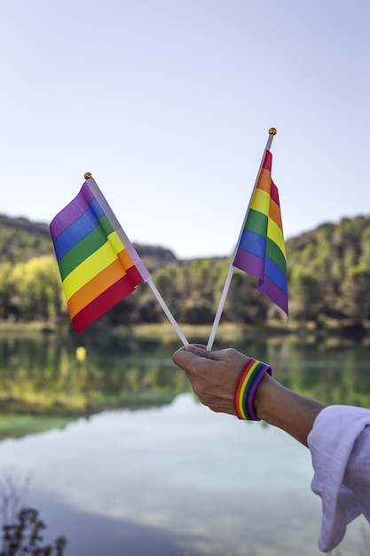 Foto sinalizador lgbt em campo. orgulho. conceito de liberdade