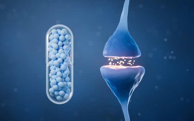 Sinapse de célula de neurônio e cápsula de renderização 3d