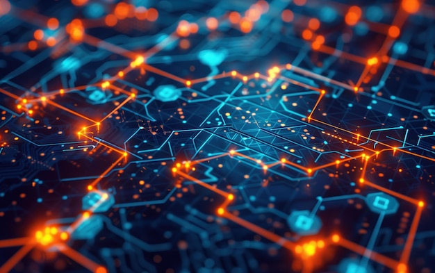 Sinapsis de red neuronal una red neuronal que representa una compleja red de nodos y sinapsis interconectados que imitan los procesos del cerebro humano resaltados por señales eléctricas de luz azul y naranja