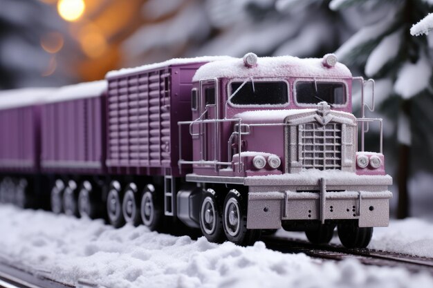 Sincelos de flocos de neve e um motor de trem de brinquedo dourado em um pano de fundo gradiente roxo e lilás com fre