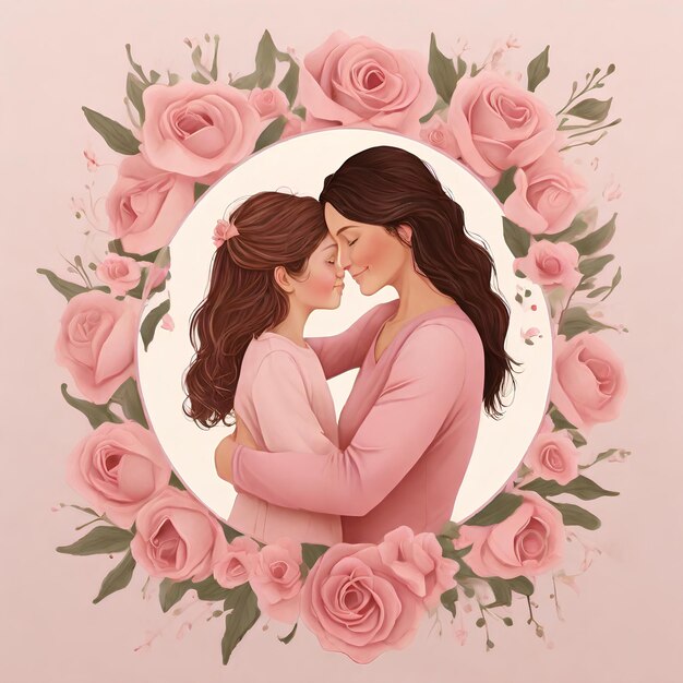 Un sincero cartel del Día de la Madre representa a una madre y su hija tomados de la mano rodeados de un suave rosa