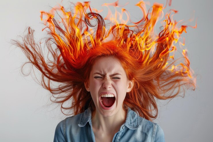 Foto síndrome de esgotamento mulher com cabelo de fogo gritando isolada em fundo branco
