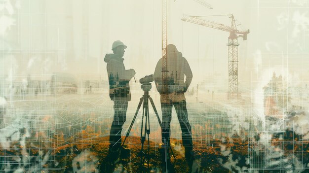 Foto sinergia de trabalho de base um agrimensor e um engenheiro civil em dupla exposição alinhando estratégias para um planejamento de local perfeito