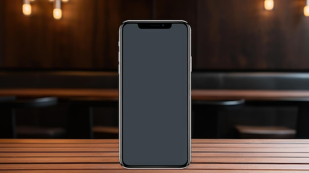 sinergia de negocios y tecnología con un teléfono inteligente de primer plano con una pantalla negra en un escritorio de madera