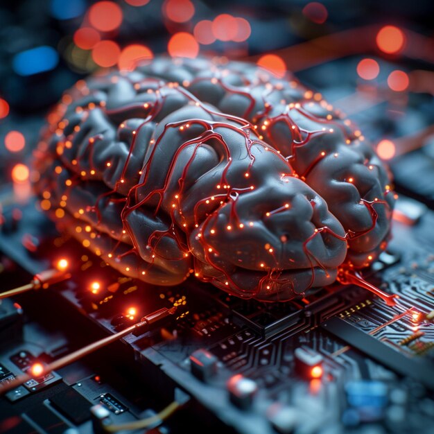 Foto sinergia tecnológica el cerebro humano conectado sin problemas con una interfaz de computadora para las redes sociales