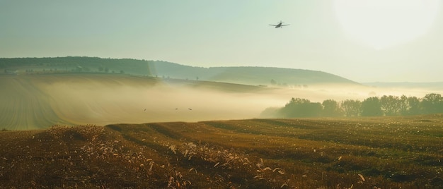 Foto sinfonia aérea um pulverizador de colheita dança sobre o campo em