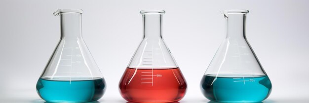 Sinfonía científica tres Erlenmeyer frasco de vidrio en el banco del laboratorio de ciencias
