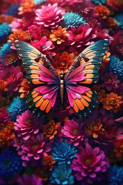 Foto una sinfonía de colores mariposa en medio de las flores en flor
