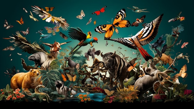 Foto sinfonia da diversidade uma colagem artística que mostra o reino animal uma biodiversidade sem paralelo