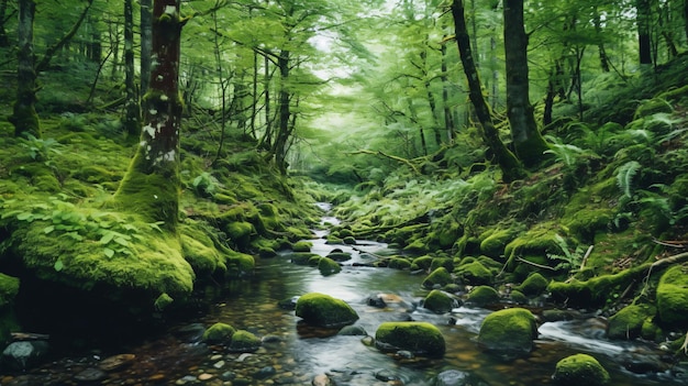 Sinfonia da natureza Um córrego sereno fluindo através de uma floresta verdejante repleta de rochas majestosas GenerativeAI
