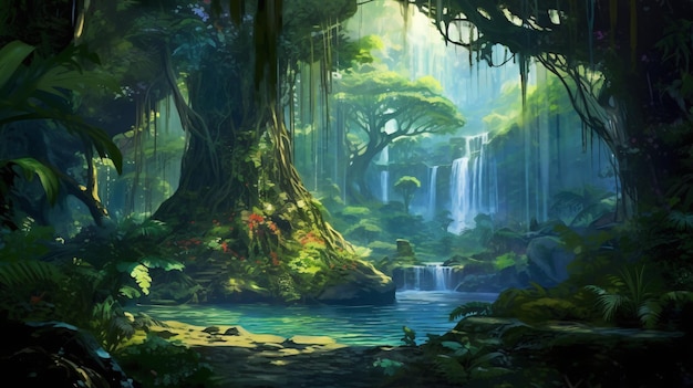 Sinfonia da natureza Uma pintura majestosa da selva com uma cascata e um fluxo sereno IA generativa Experimente a beleza da vida selvagem