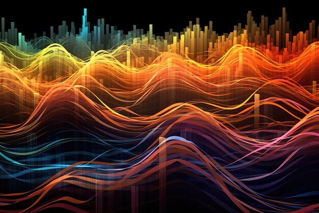 Sinfonia de ondas sonoras visualizadas através de linhas vibrantes e onduladas
