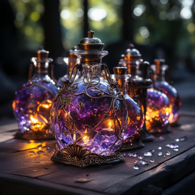 Sinfonia de Poção Vibrante Cativante Foto realista de 4K de elixires roxos em luz alquímica