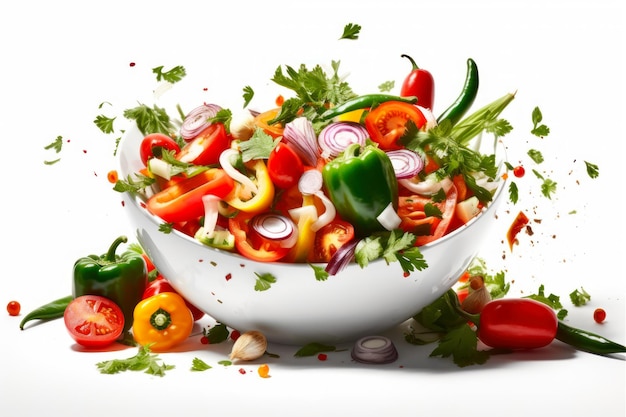Una sinfonía de ensalada de verduras frescas en un plato sobre fondo blanco ai generativo