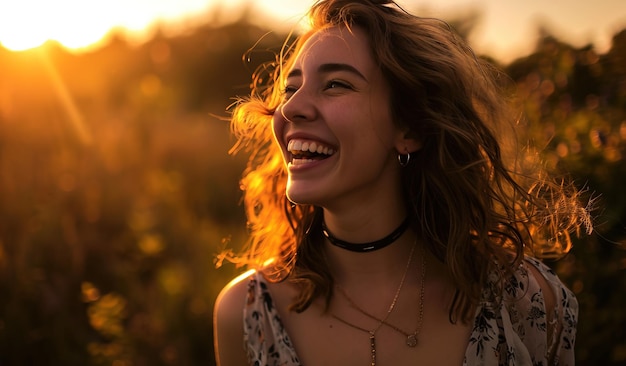 Foto sinfonía eufórica una diosa serena abraza la alegría desatando ecos de risas en un encantador prado