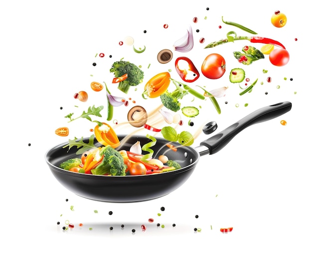 Una sinfonía de frescura verduras vibrantes flotando en el aire alrededor de una sartén chisporroteante capturando la esencia de una comida nutritiva y deliciosa