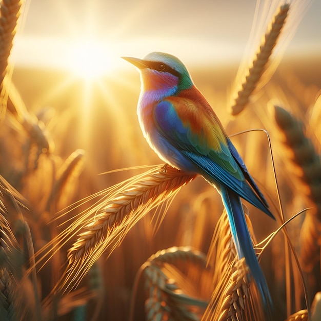 Sinfonía matutina Un pájaro de colores arcoíris anuncia la luz en los campos de trigo