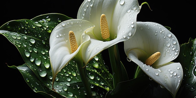 La sinfonía de la naturaleza: flores y hojas con gotas de agua