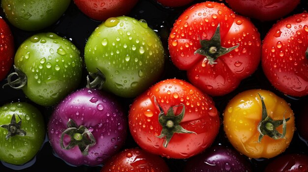 Sinfonia perfeita de tomate esplendor gotas brilhantes em uma paleta verde de rubi e lavanda