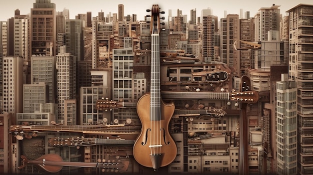 Sinfonía Steampunk Una fantasía de violín y guitarra en un paisaje urbano dorado