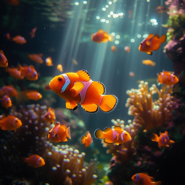 Sinfonia subaquática colorida Peixes nadando em um reino subaquático vibrante e harmonioso Para as mídias sociais.